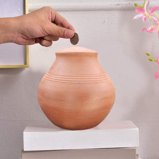 EZAHK Handicrafted Money Bank, Mitti Ki Gullak, Clay Gullak Coin - Coin Saving Box for Kids, Girls, Boys & Adults - Savings Bank with Clay Gullak - Large 5 inch