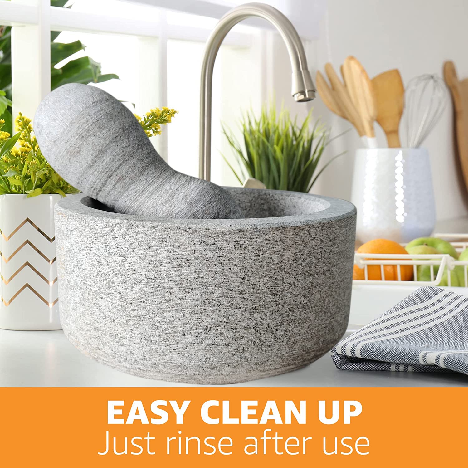 EZAHK Granite Stone Mortar and Pestle Set(6.2 inch), Okhli Masher, Khalbatta, Ural, Kharal, Mixer, Natural Grinder, Musal, Design for Kitchen, Home, Herb