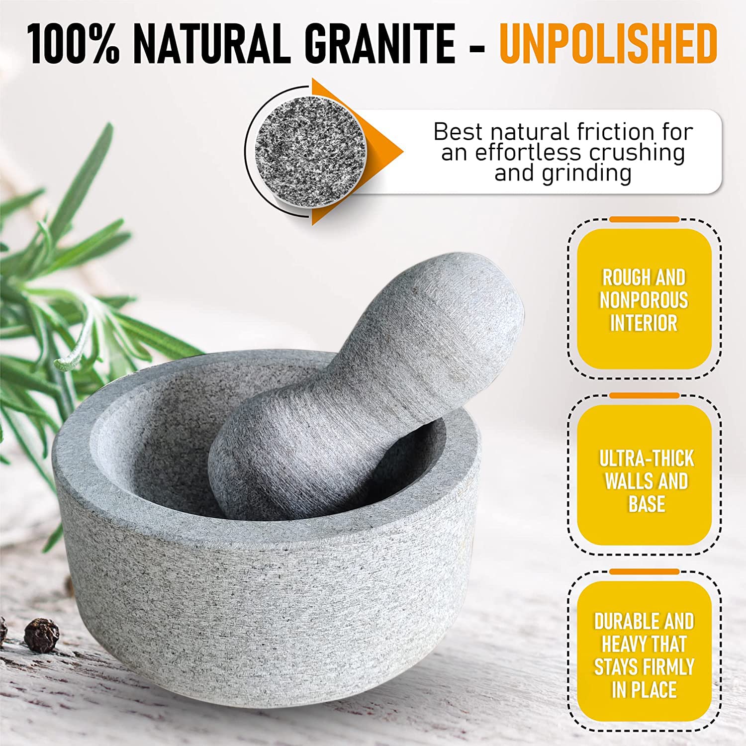EZAHK Granite Stone Mortar and Pestle Set(6.2 inch), Okhli Masher, Khalbatta, Ural, Kharal, Mixer, Natural Grinder, Musal, Design for Kitchen, Home, Herb