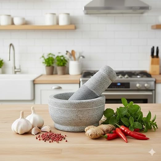 EZAHK Stone Mortar and Pestle Set for Spices, Okhli Masher, Khalbatta Stone, Natural & Traditional Grinder, Musal, Well Design for Kitchen, Home, Herbs (5 inch) Grey