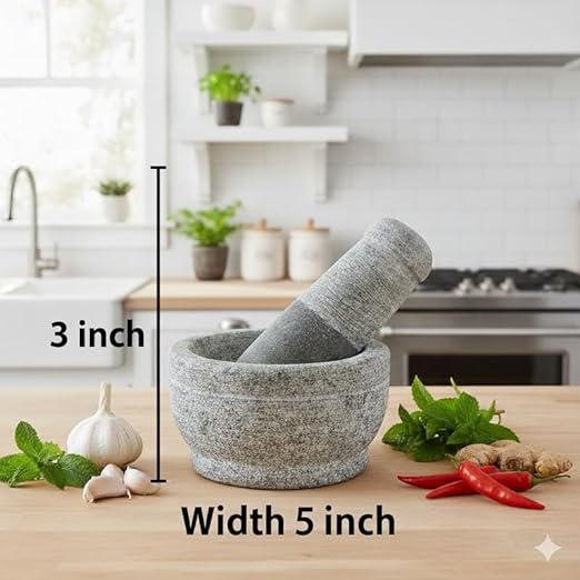 EZAHK Stone Mortar and Pestle Set for Spices, Okhli Masher, Khalbatta Stone, Natural & Traditional Grinder, Musal, Well Design for Kitchen, Home, Herbs (5 inch) Grey