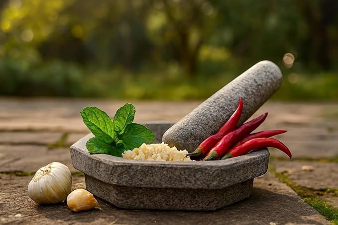 EZAHK (10 inch) Kalvam Stone Mortar and Pestle Set | Grey, Big Size