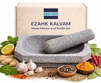 EZAHK (10 inch) Kalvam Stone Mortar and Pestle Set | Grey, Big Size