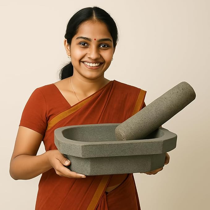 EZAHK Kalvam Stone Mortar and Pestle Set,Masher, Khalbatta, Kharal,for Kitchen, Home, Herbs and Spices (14 inch,10 kg Grey,Very Big Size)