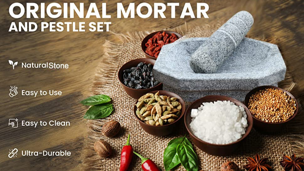 EZAHK Kalvam Stoneware Mortar and Pestle Set,Masher, Khalbatta, Kharal, Musal,for Kitchen, Home, Herbs and Spices (7 inch Grey)