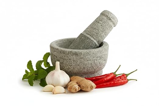EZAHK Stone Mortar and Pestle Set for Spices, Okhli Masher, Khalbatta Stone, Natural & Traditional Grinder, Musal, Well Design for Kitchen, Home, Herbs (5 inch) Grey