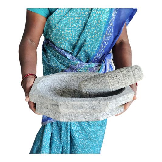 EZAHK Kalvam Unpolished Stone Mortar and Pestle Set,Spices, Okhli Masher, Khalbatta Stone, Home Decor, Musal, Well Design for Kitchen, Home, Herbs (12 inch) Big Size