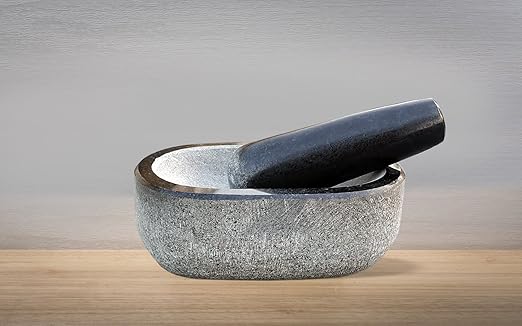 EZAHK Stone Mortar and Pestle Set,Black Granite UnPolished for Spices, Okhli Masher, Khalbatta Stone, Home Decor, Musal, Well Design for Kitchen, Home, Herbs (6 inch) Kalvam