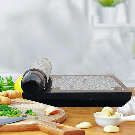 EZAHK Ammikallu Stone Balck Granite Mortar and Pestle Set,Polished for Spices, Okhli Masher, Khalbatta Stone, Home Decor, Musal, Home, Herbs (12 inch) big Size
