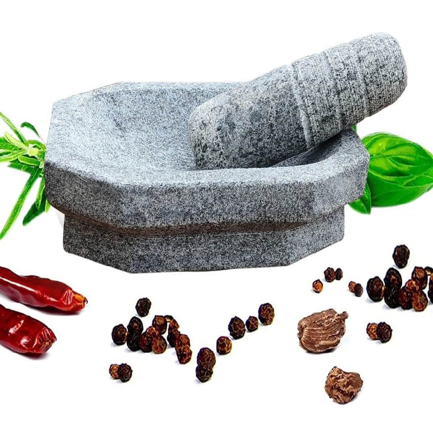 EZAHK Kalvam Stoneware Mortar and Pestle Set,Masher, Khalbatta, Kharal, Musal,for Kitchen, Home, Herbs and Spices (7 inch Grey)