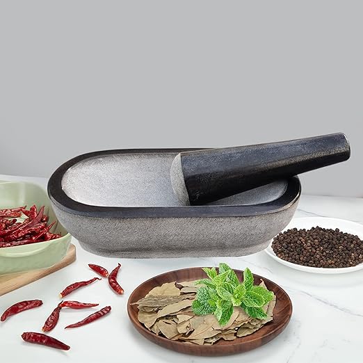 EZAHK Stone Mortar and Pestle Set,Black Granite UnPolished for Spices, Okhli Masher, Khalbatta Stone, Home Decor, Musal, Well Design for Kitchen, Home, Herbs (12 inch) kalvam