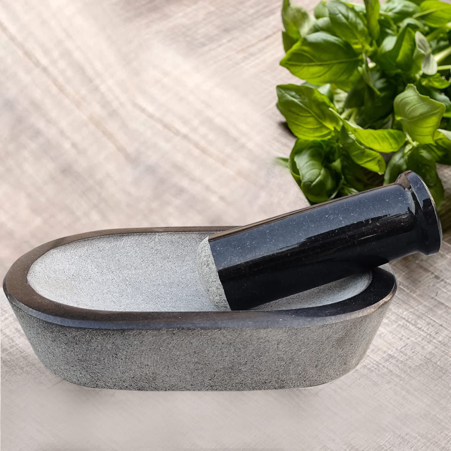 EZAHK Stone Mortar and Pestle Set,Black Granite UnPolished for Spices, Okhli Masher, Khalbatta Stone, Home Decor, Musal, Well Design for Kitchen, Home, Herbs (9 inch) kalvam