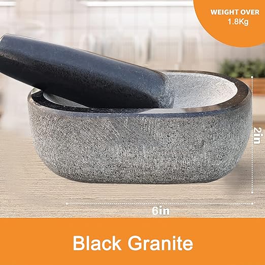 EZAHK Stone Mortar and Pestle Set,Black Granite UnPolished for Spices, Okhli Masher, Khalbatta Stone, Home Decor, Musal, Well Design for Kitchen, Home, Herbs (6 inch) Kalvam