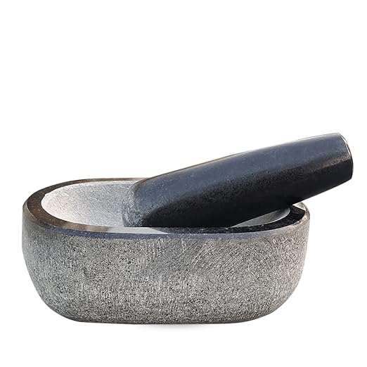 EZAHK Stone Mortar and Pestle Set,Black Granite UnPolished for Spices, Okhli Masher, Khalbatta Stone, Home Decor, Musal, Well Design for Kitchen, Home, Herbs (6 inch) Kalvam