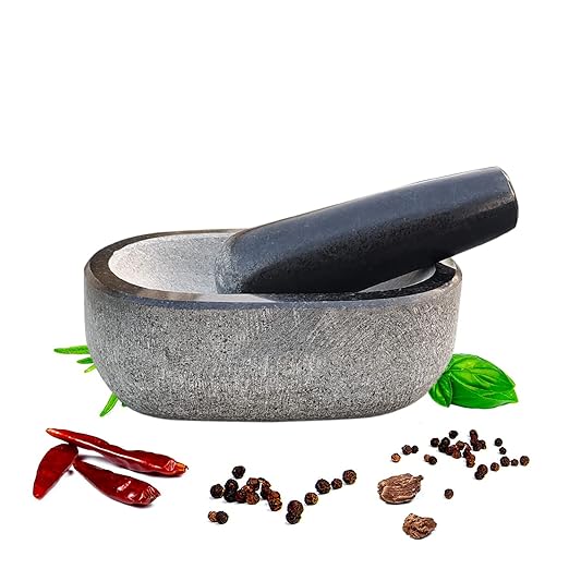 EZAHK Stone Mortar and Pestle Set,Black Granite UnPolished for Spices, Okhli Masher, Khalbatta Stone, Home Decor, Musal, Well Design for Kitchen, Home, Herbs (6 inch) Kalvam