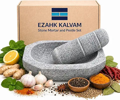 EZAHK (7 inch) Kalvam Stone Mortar and Pestle Set