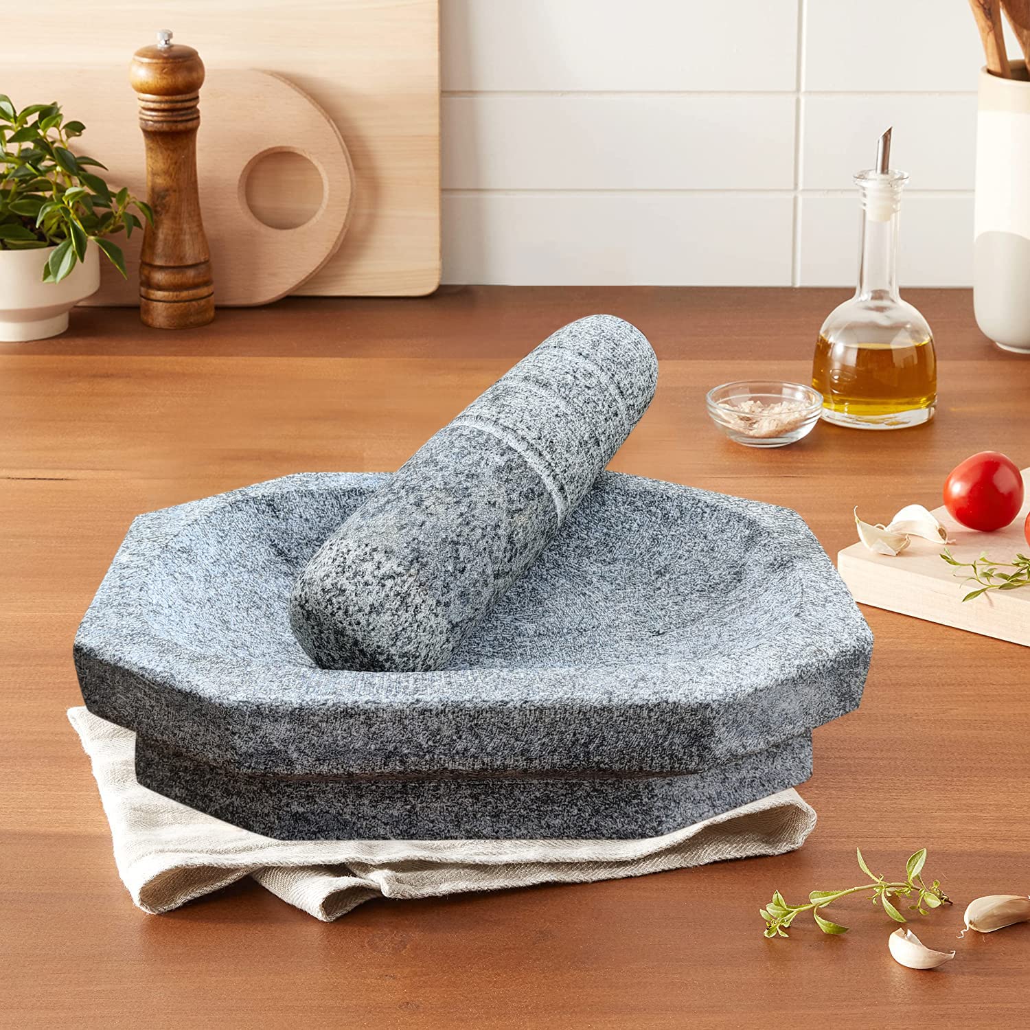 EZAHK Kalvam Stoneware Mortar and Pestle Set,Masher, Khalbatta, Kharal, Musal,for Kitchen, Home, Herbs and Spices (7 inch Grey)