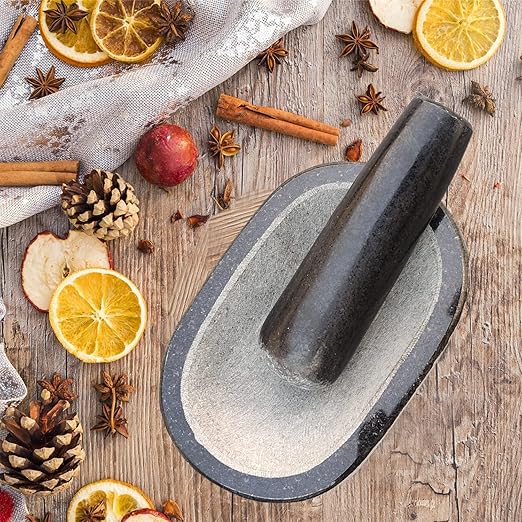 EZAHK Stone Mortar and Pestle Set,Black Granite UnPolished for Spices, Okhli Masher, Khalbatta Stone, Home Decor, Musal, Well Design for Kitchen, Home, Herbs (6 inch) Kalvam