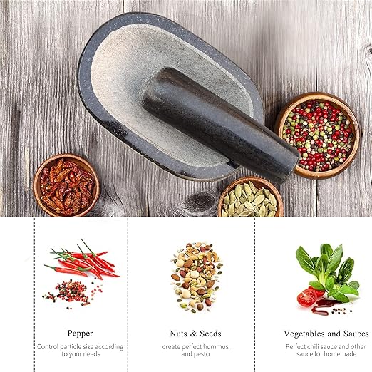 EZAHK Stone Mortar and Pestle Set,Black Granite UnPolished for Spices, Okhli Masher, Khalbatta Stone, Home Decor, Musal, Well Design for Kitchen, Home, Herbs (6 inch) Kalvam