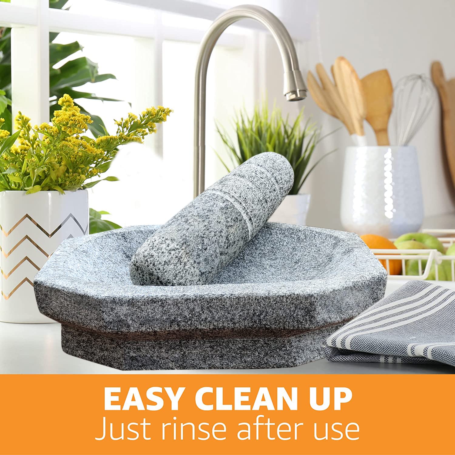 EZAHK Kalvam Stoneware Mortar and Pestle Set,Masher, Khalbatta, Kharal, Musal,for Kitchen, Home, Herbs and Spices (8 inch Grey)