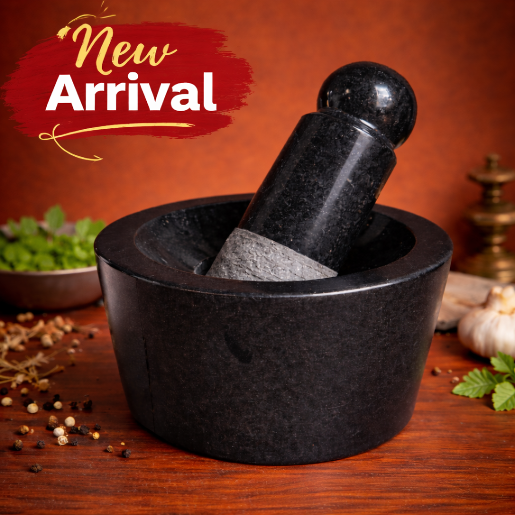 EZAHK (8*5 inch) Attukal | Stone Mortar and Pestle Set | Black Granite Polished for Spices