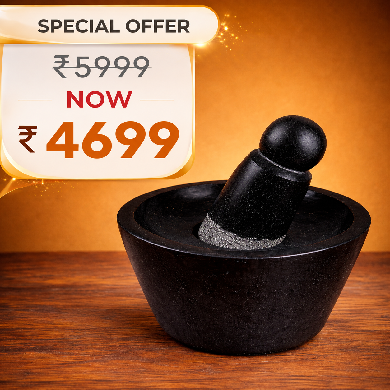 Black Polished Granite Attukal / Rubbu Rolu | Size: 10 × 6 Inches (B × H) | Traditional Mortar & Pestle for Home & Kitchen | 100% Premium Granite | Enhances Taste & Aroma |
