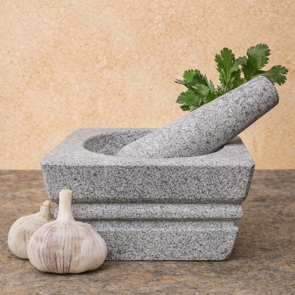 EZAHK Square Stone Mortar and Pestle Set (6 inch) - Grey