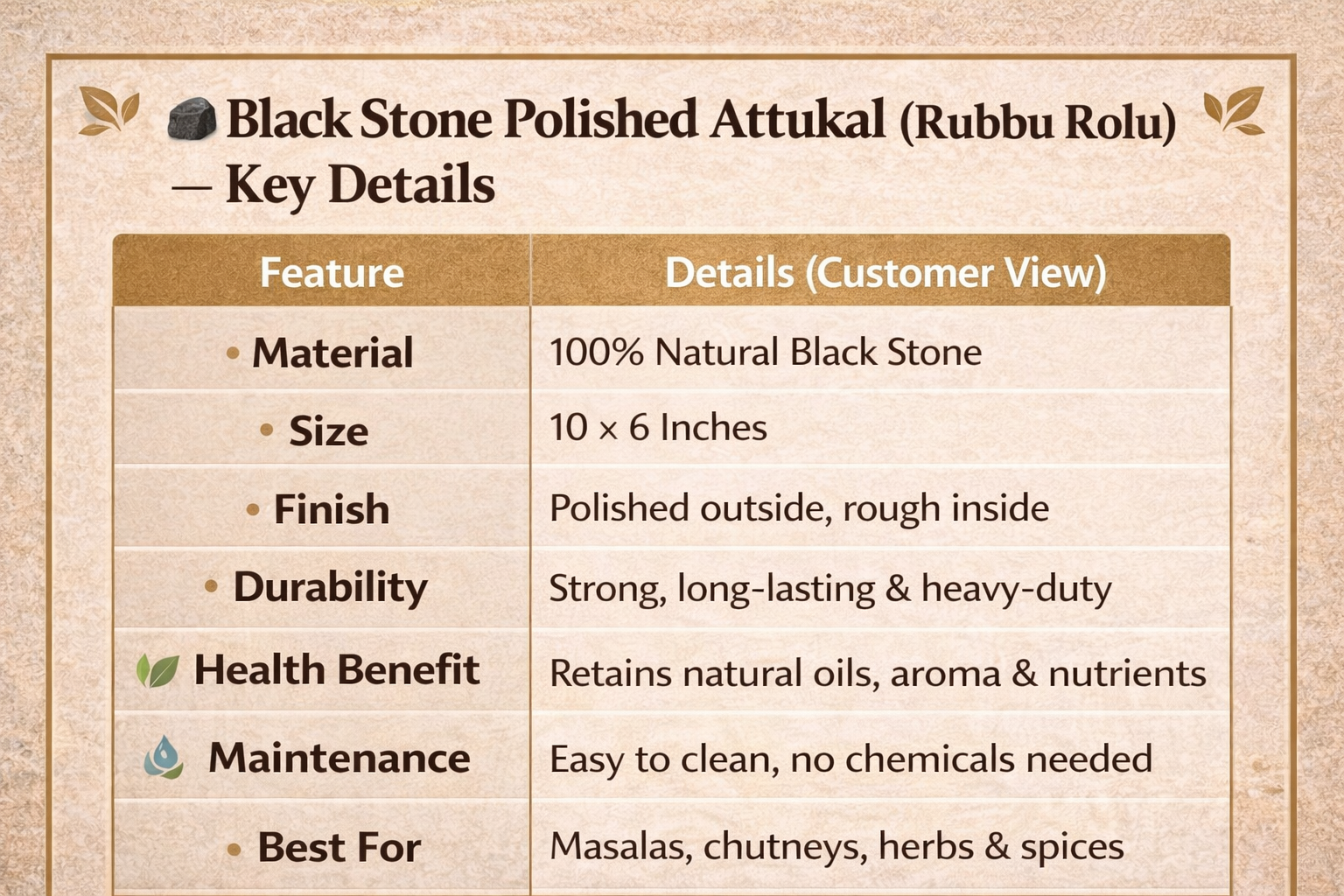 Black Polished Granite Attukal / Rubbu Rolu | Size: 10 × 6 Inches (B × H) | Traditional Mortar & Pestle for Home & Kitchen | 100% Premium Granite | Enhances Taste & Aroma |