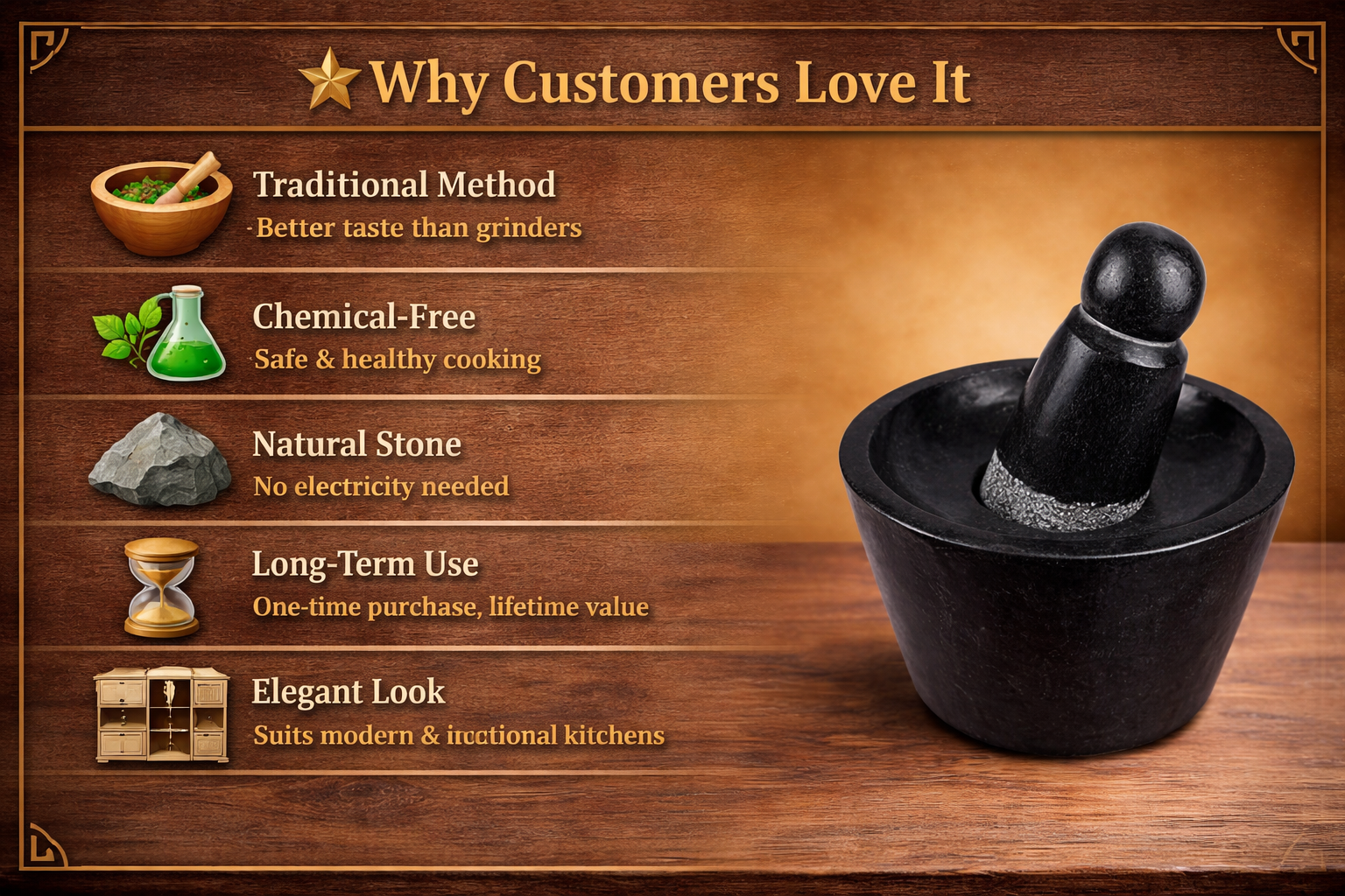 Black Polished Granite Attukal / Rubbu Rolu | Size: 10 × 6 Inches (B × H) | Traditional Mortar & Pestle for Home & Kitchen | 100% Premium Granite | Enhances Taste & Aroma |