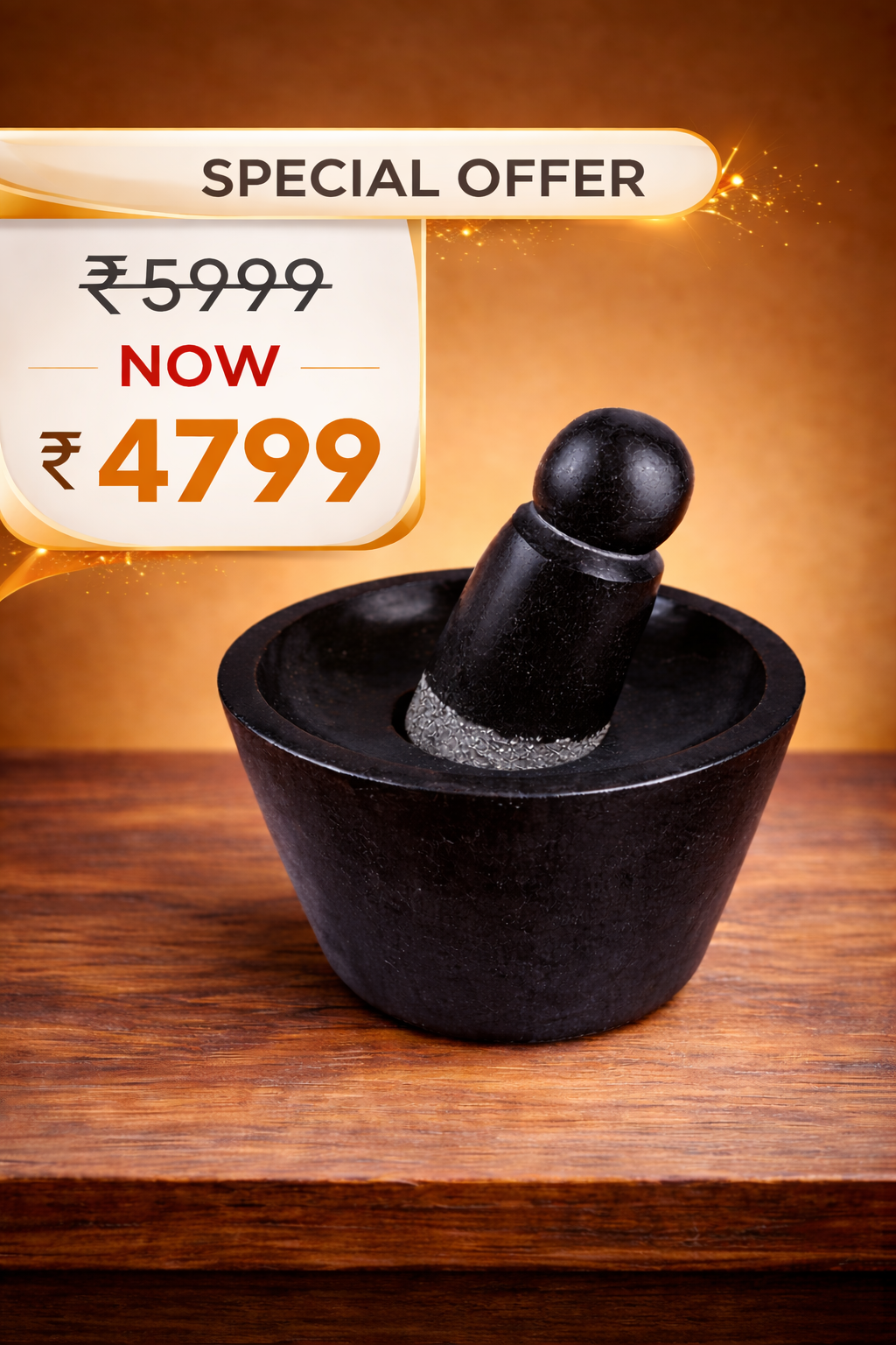 Black Polished Granite Attukal / Rubbu Rolu | Size: 10 × 6 Inches (B × H) | Traditional Mortar & Pestle for Home & Kitchen | 100% Premium Granite | Enhances Taste & Aroma |