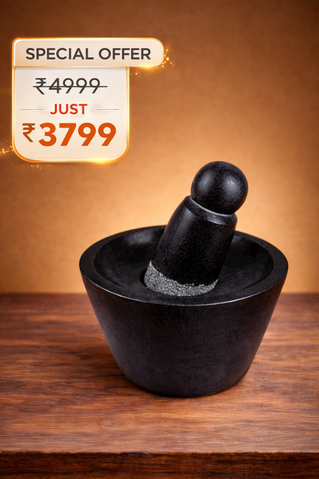 Black Curved Stone Attukal / Rubbu Rolu | Traditional Mortar & Pestle for Home & Kitchen| Size: 10 × 6 Inches (B × H) | Enhances Taste & Aroma