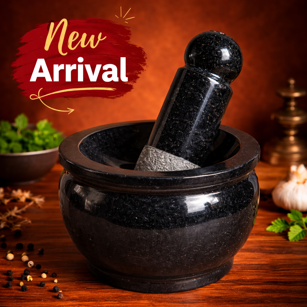 EZAHK (10*5 inch) Attukal | Stone Mortar and Pestle Set | Black Granite Polished for Spices