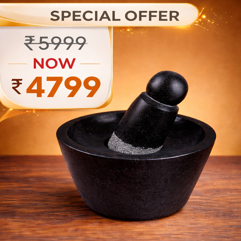 Black Polished Granite Attukal / Rubbu Rolu | Size: 10 × 6 Inches (B × H) | Traditional Mortar & Pestle for Home & Kitchen | 100% Premium Granite | Enhances Taste & Aroma |