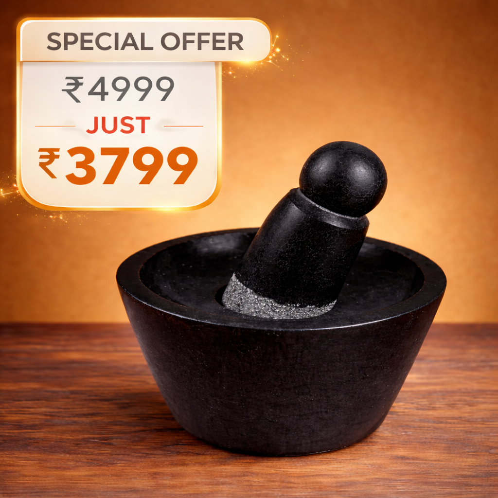 Black Curved Stone Attukal / Rubbu Rolu | Traditional Mortar & Pestle for Home & Kitchen| Size: 10 × 6 Inches (B × H) | Enhances Taste & Aroma