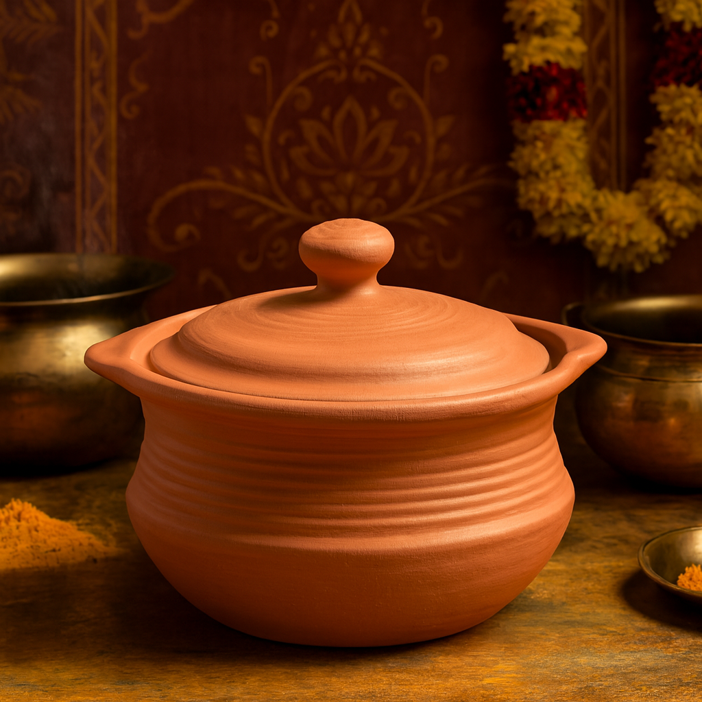 EZAHK Earthen Clay Handi with Lid, Clay Pot for Cooking, Curry Dal, Serving, Natural & Traditional (2.5 L) - Brown