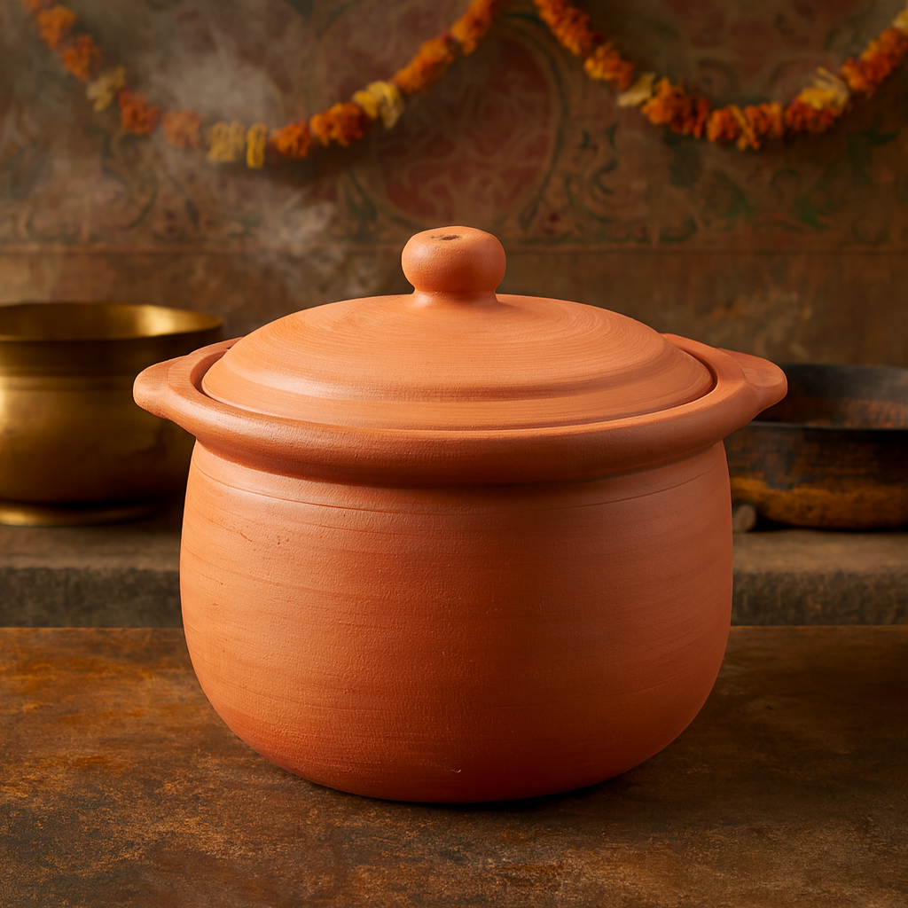 EZAHK Earthen Kadhai, Clay Pot for Cooking, Clay Pottery for Curry Dal Frying Vegetables Pre-Seasoned (2 L)