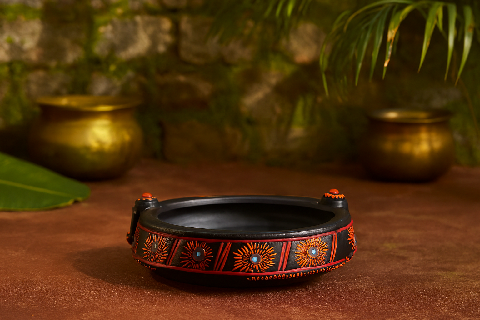 EZAHK Handmade Flower Urli/Pot pourri,Clay Earthenware Painted Decorative Medium Size(Dia 6.5 inch) Black