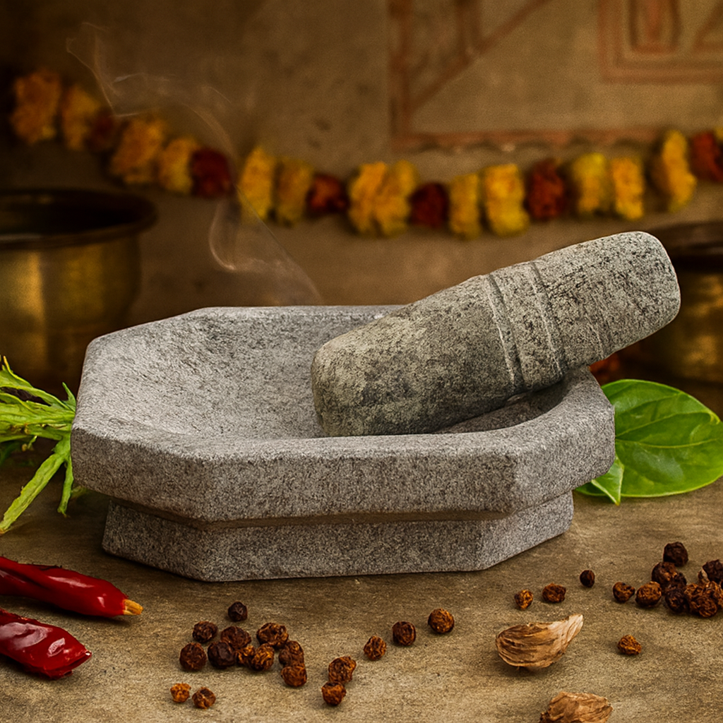 EZAHK Kalvam Stoneware Mortar and Pestle Set,Masher, Khalbatta, Kharal, Musal,for Kitchen, Home, Herbs and Spices (7 inch Grey)