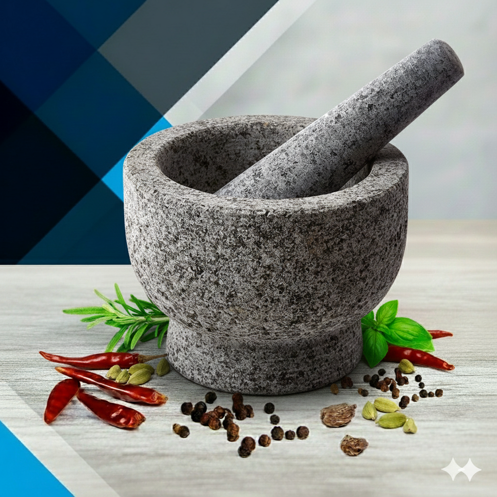 EZAHK Stone Mortar and Pestle Set Bowl Type, Okhli Masher, Khalbatta, Mixer, Natural & Traditional Grinder, Musal (6.5 inch) Big Size
