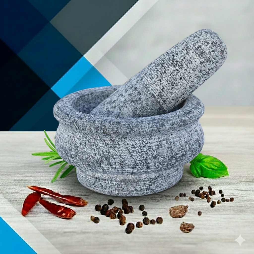 EZAHK Mortar and Pestle Set Stone for Spices, Okhli Masher, Khalbatta, Kharal, Mixer, Natural & Traditional Grinder and Musal, Well Design for Kitchen 5inch (Grey)