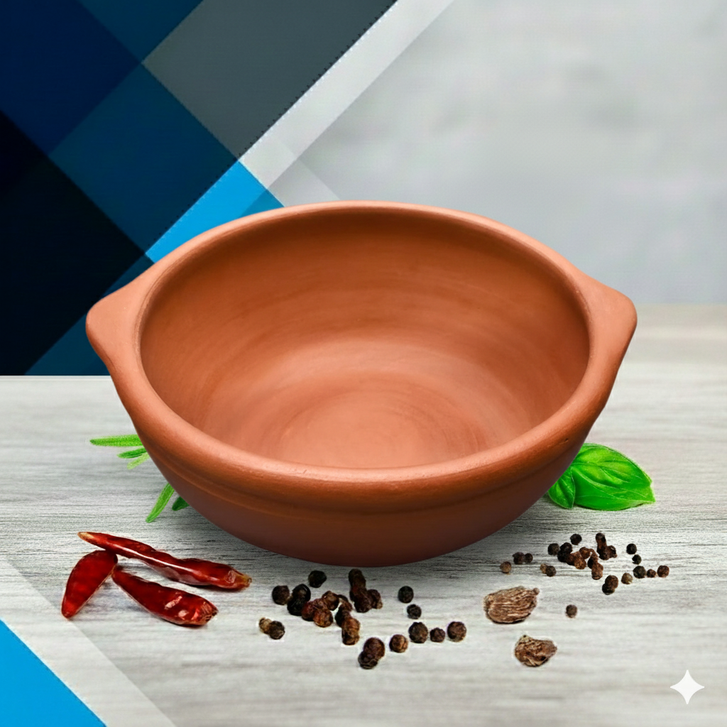 EZAHK Hand Made Clay Open Kadai/Pot for Curry Dal Cooking & Frying (Brown, 2.5 L)