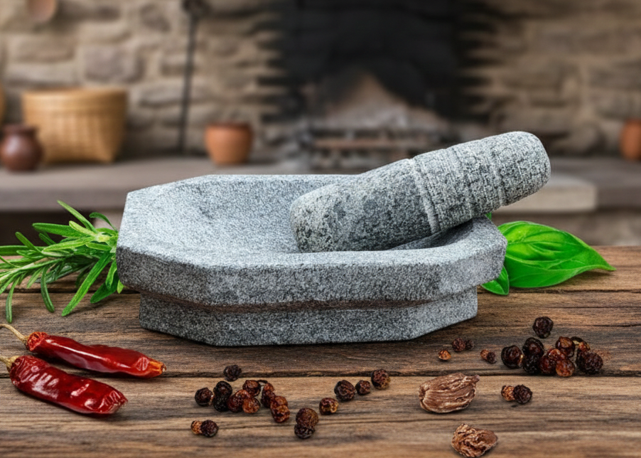 EZAHK Kalvam Stone Mortar and Pestle Set,Masher, Khalbatta, Kharal, Musal,for Kitchen, Home, Herbs and Spices (10 inch Grey,Big Size)