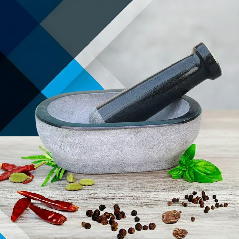 EZAHK Pure Granite Stone Mortar and Pestle Set, Kalvam,kharad, Masher Spice Mixer/Okhli and musle/Kharal for Kitchen and medicine making 14×6 inches- Big Size grey