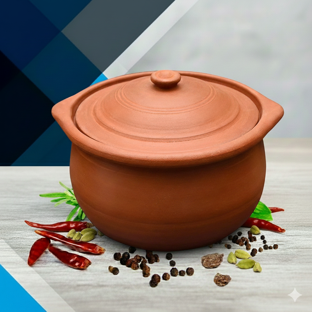 EZAHK Handmade Clay Earthen Kadai Pot with Lid Brown (1.5 L)
