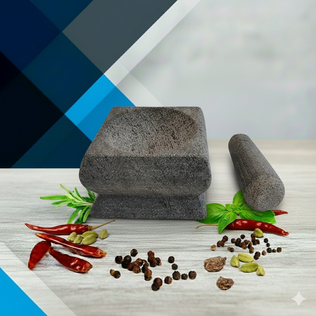 EZAHK Stone Mortar and Pestle Set, Kharal, Mixer, Square Model for Spices, Kitchen Well Design for Kitchen, Home, Herb, (6 inch)