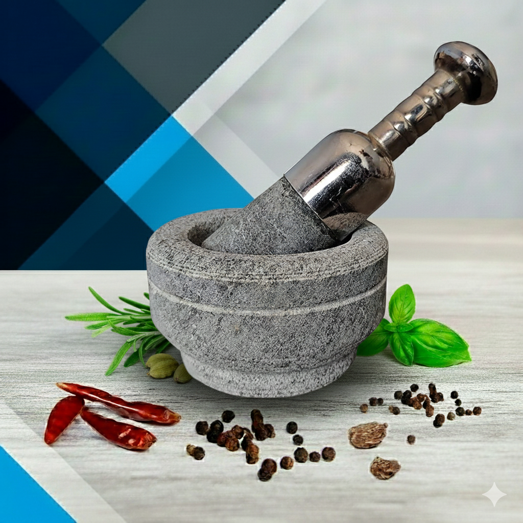 EZAHK Mortar and Pestle Set with Stainless Steel Handle Bowl Type (Width 12cm x Height 7cm) (Grey)
