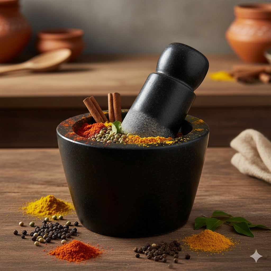 Ezahk Black Granite Curved Stone Attukal / Rubbu Rolu | Traditional Mortar & Pestle for Home & Kitchen | 100% Granite & Premium Stone | Enhances Taste & Aroma | Size: 10 × 6 Inches (B × H)