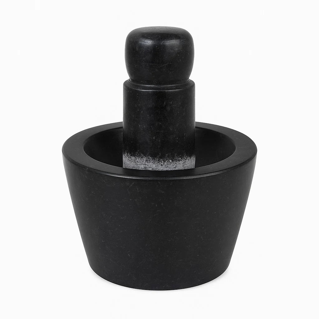 Black Polished Granite Attukal / Rubbu Rolu | Size: 10 × 6 Inches (B × H) | Traditional Mortar & Pestle for Home & Kitchen | 100% Premium Granite | Enhances Taste & Aroma |