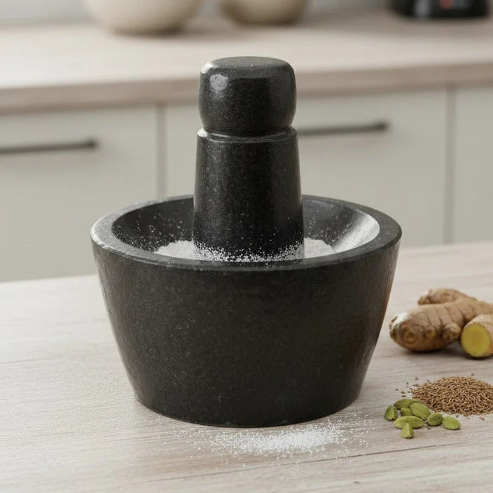 Black Polished Granite Attukal / Rubbu Rolu | Size: 10 × 6 Inches (B × H) | Traditional Mortar & Pestle for Home & Kitchen | 100% Premium Granite | Enhances Taste & Aroma |