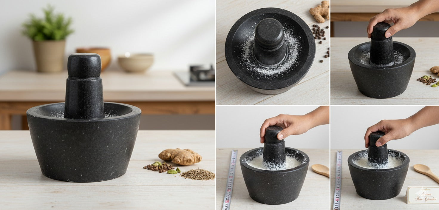 Ezahk Black Granite Curved Stone Attukal / Rubbu Rolu | Traditional Mortar & Pestle for Home & Kitchen | 100% Granite & Premium Stone | Enhances Taste & Aroma | Size: 10 × 6 Inches (B × H)